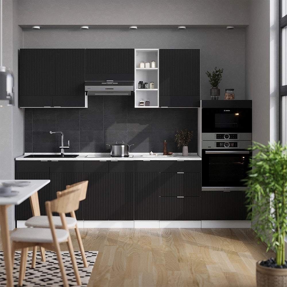 Cucina componibile Fame-Line Nero rigato/Bianco 280 cm, PL Marmo Vicco