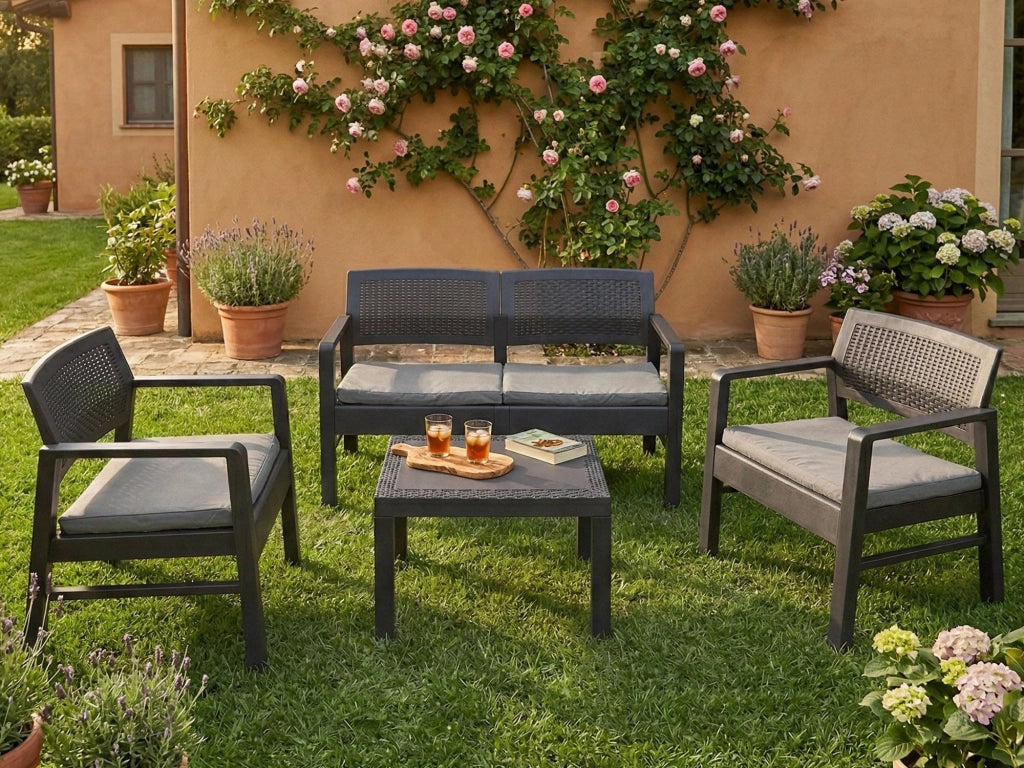Salottino Outdoor Agnelo, set Salotto da Esterno 4 Posti Made in Italy, Nero Antracite