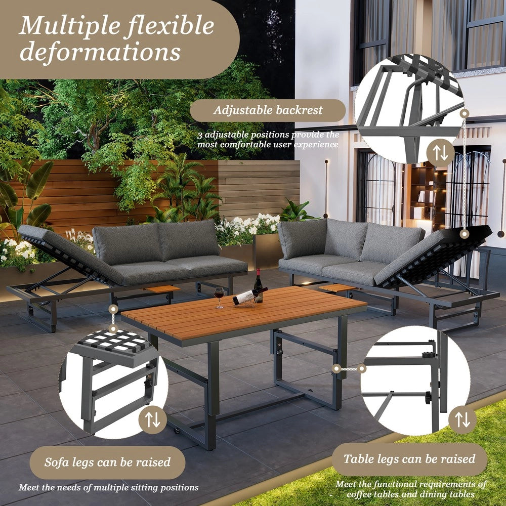Set Divano da Giardino 3 Pezzi con Tavolo ¨C Xylo ¨C Polyrattan, Legno Acacia, Cuscini, Grigio
