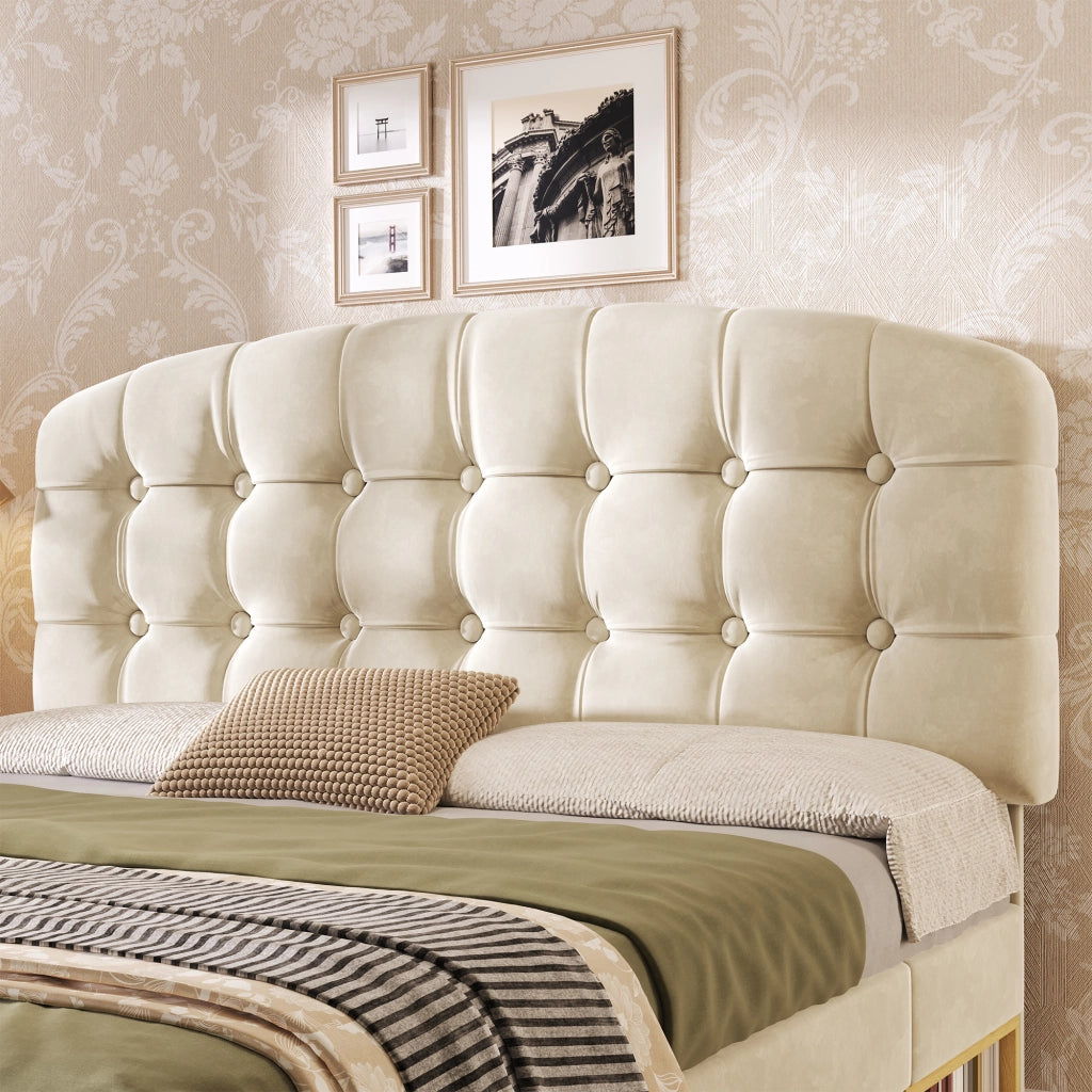 LETTO imbottito 140x200 cm in velluto beige con testiera regolabile e cassetti