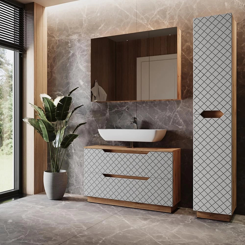 Set di mobili da bagno Lotta, Rovere/grigio con struttura in piastrelle, 3 parti