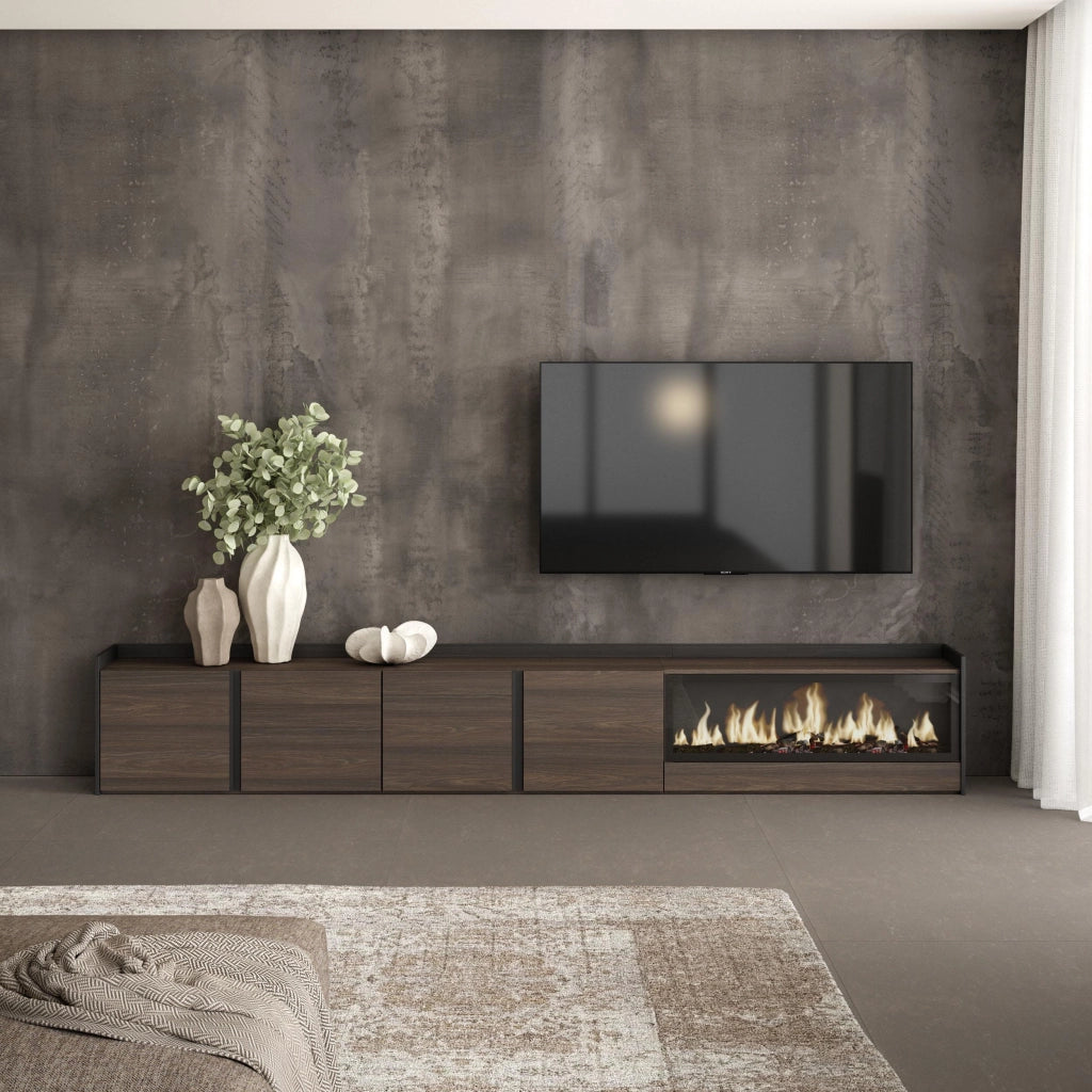 Mobile TV Soggiorno, 315x50x35 cm, Per TV fino a 80", Camino elettrico XXL, Rovere scuro e Nero