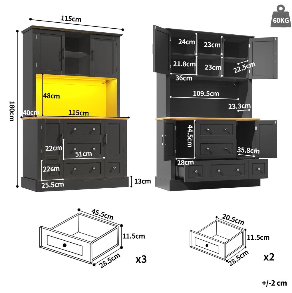 Credenza alta 115x40x180 cm con LED controllato da app; 3 cassetti; MDF; nero e naturale
