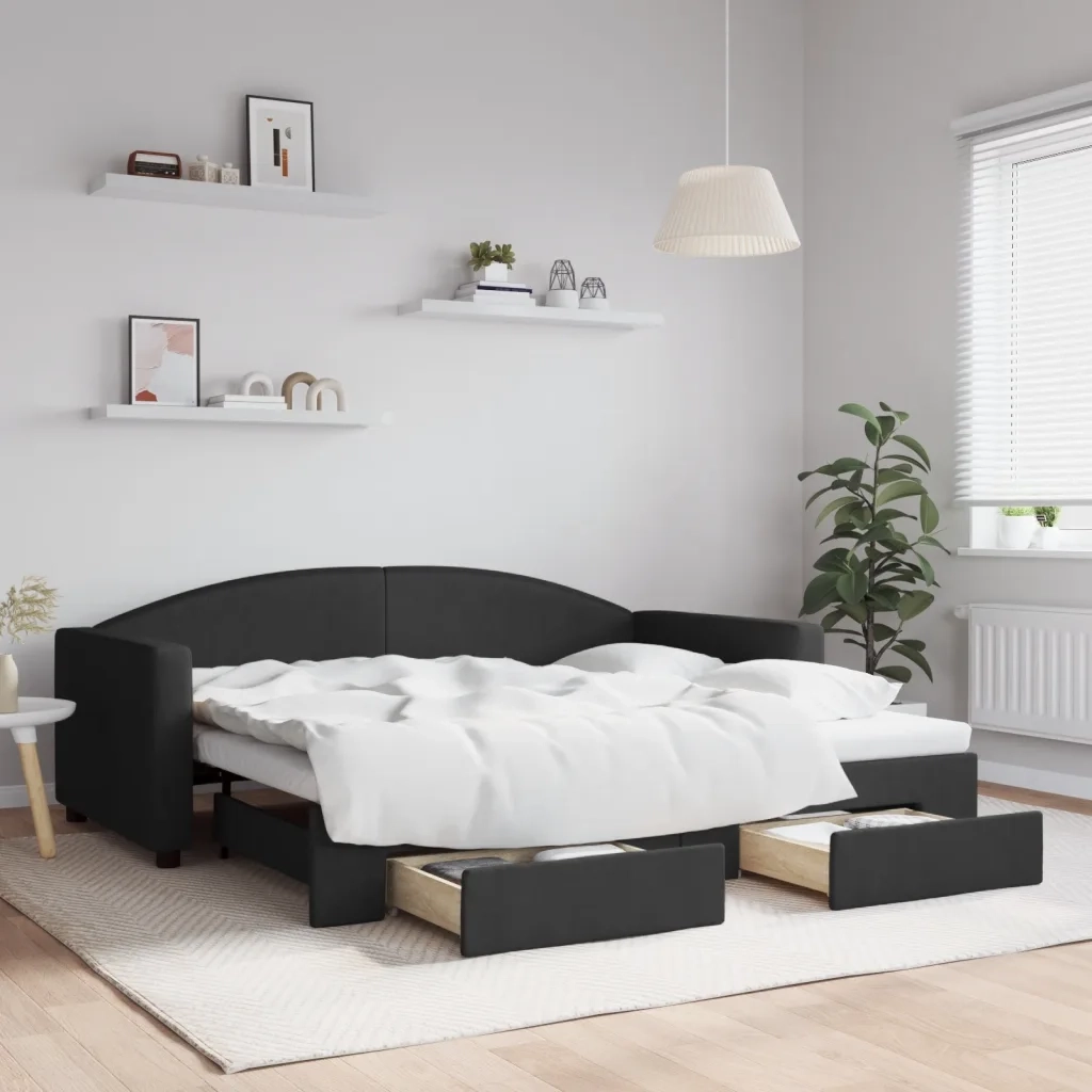 Divano Letto Estraibile con Cassetti-Sofa Letto-Daybed Nero 90x190 cm in Tessuto 567995