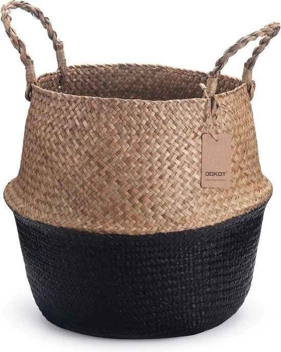 Bacile per piante in canna, cesta naturale, cesta intrecciata con manico, per piante o ripostiglio giocattoli, nero, 36 x 32cm.