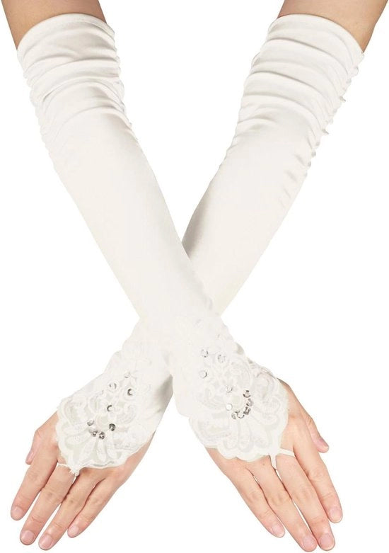 Maniche lunghe, senza dita, morbide, con lunghezza caviglia, finitura seta, guanti da sposa per matrimoni e feste.