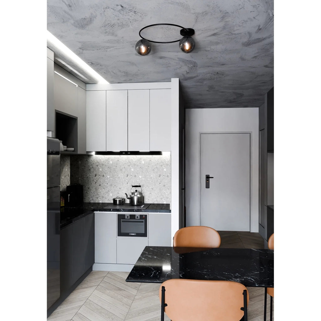 Plafoniera Minimal 2 Luci Perseo In Acciaio Nero E Sfere In Vetro Fumè