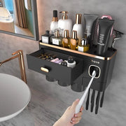 Oggetto da appendere alla parete, tappo per dentifricio con dispensatore per pasta da denti, 3 posizioni per spazzolini da denti con caricatore, grande capacità organizzatore per spazzolini da denti per la bagno nero oro