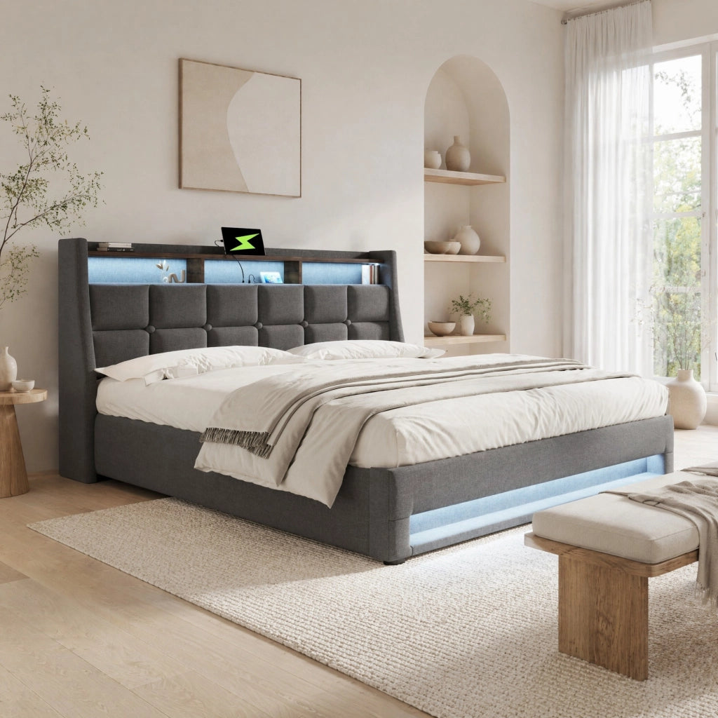 LETTO Imbottito 160x200 cm Grigio con USB e LED, senza materasso