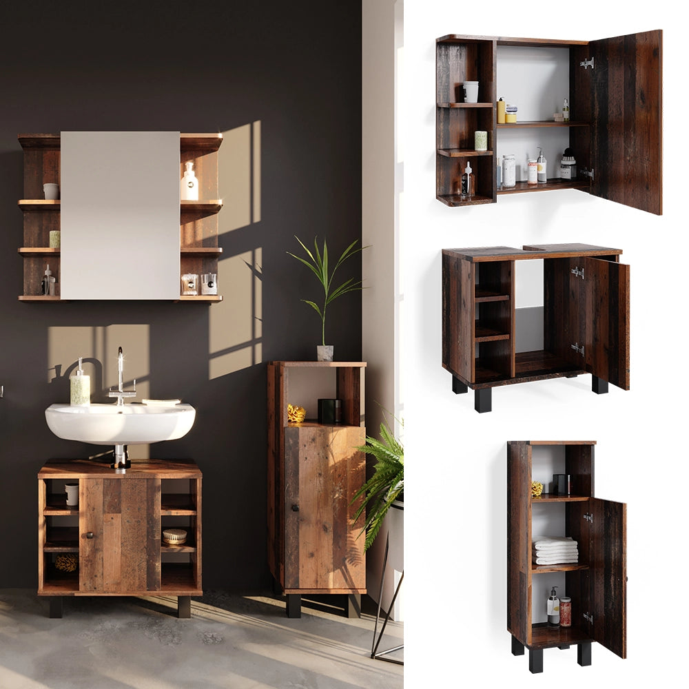 Vicco Set mobili bagno Rovere rustico 3 parti, con mobile midi