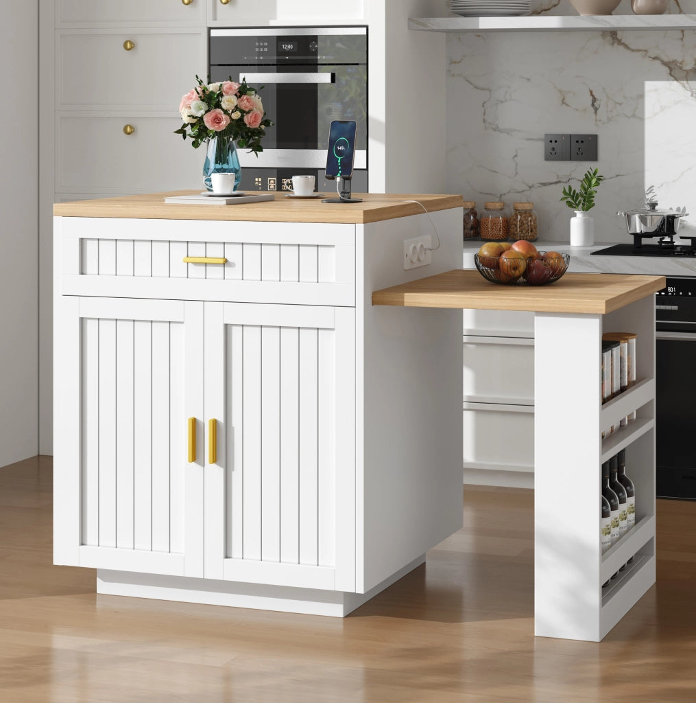 Isola cucina allungabile con presa integrata, 121,5-192 cm, bianca