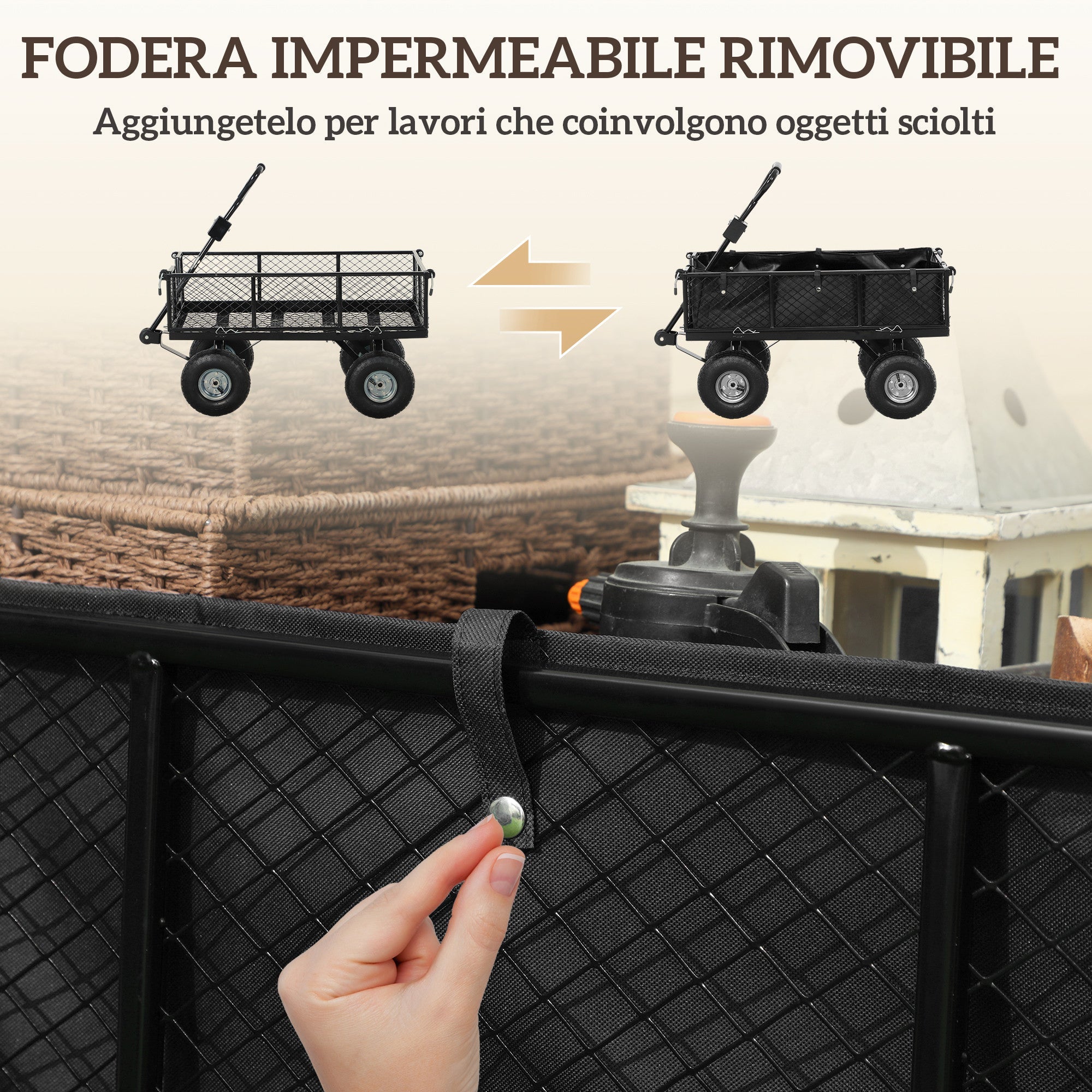 Carrello da Giardino 105x51x54 cm da 114L con Sacca Portaoggetti e Pareti Rimovibili in Acciaio Nero