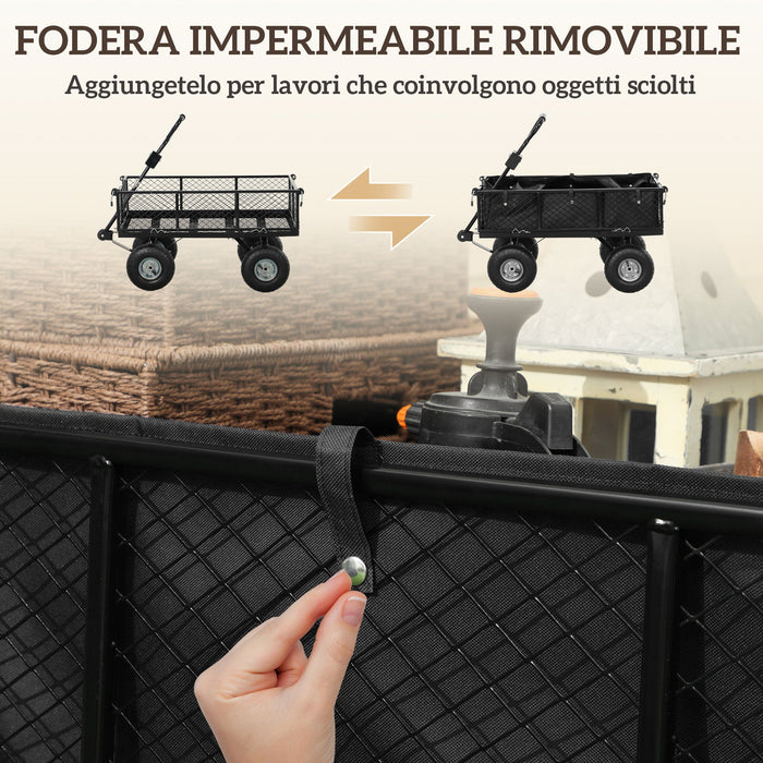 Carrello da Giardino 105x51x54 cm da 114L con Sacca Portaoggetti e Pareti Rimovibili in Acciaio Nero