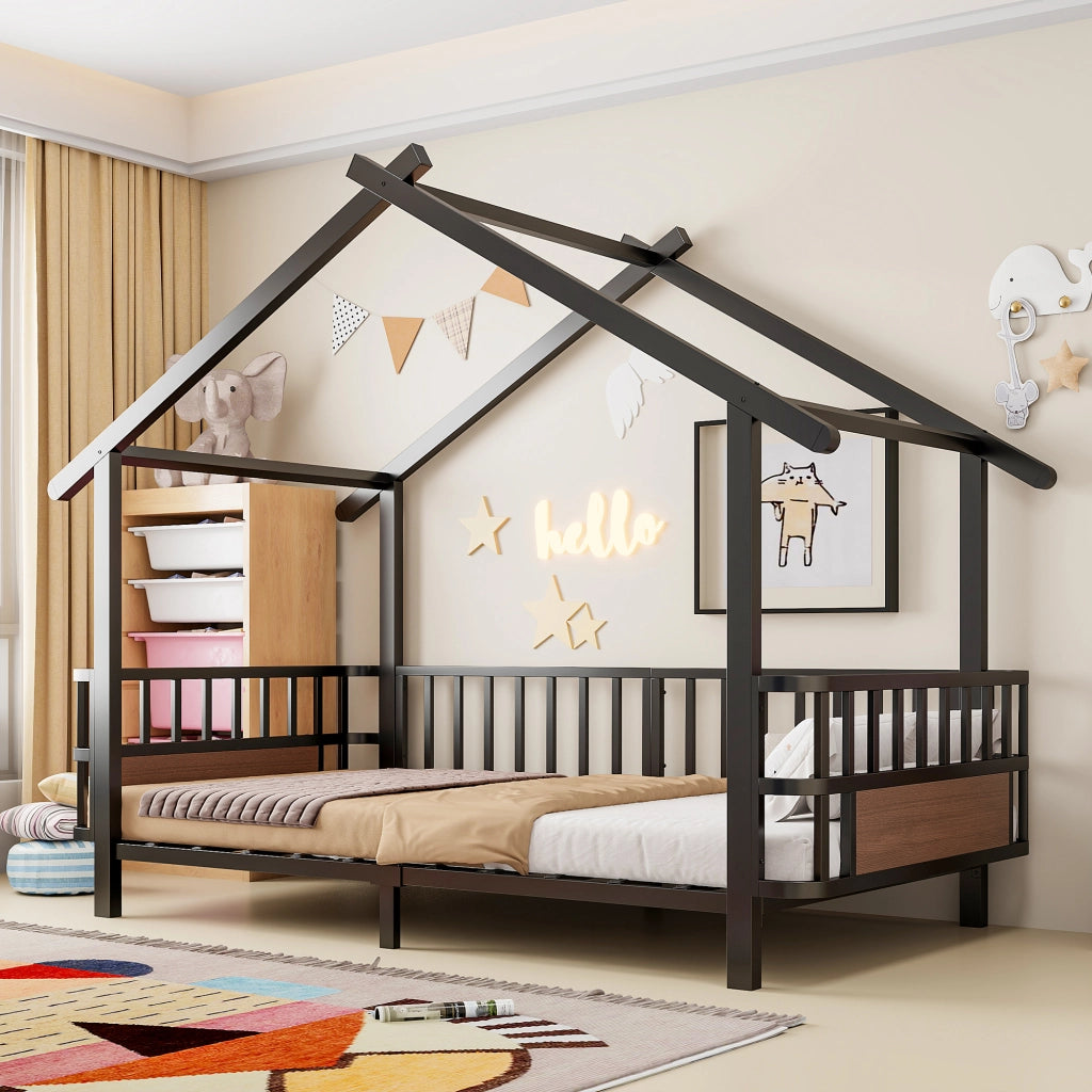 Letto per bambini in metallo a forma di casetta 90x200 cm, con sponde di sicurezza, nero