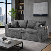Divano relax 2 posti compatto con tasca laterale portabicchieri e cuscini in chenille grigio per piccoli spazi