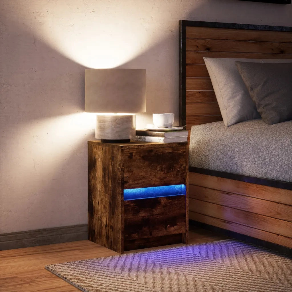 Comodino con Luci LED Rovere Fumo in Legno Multistrato