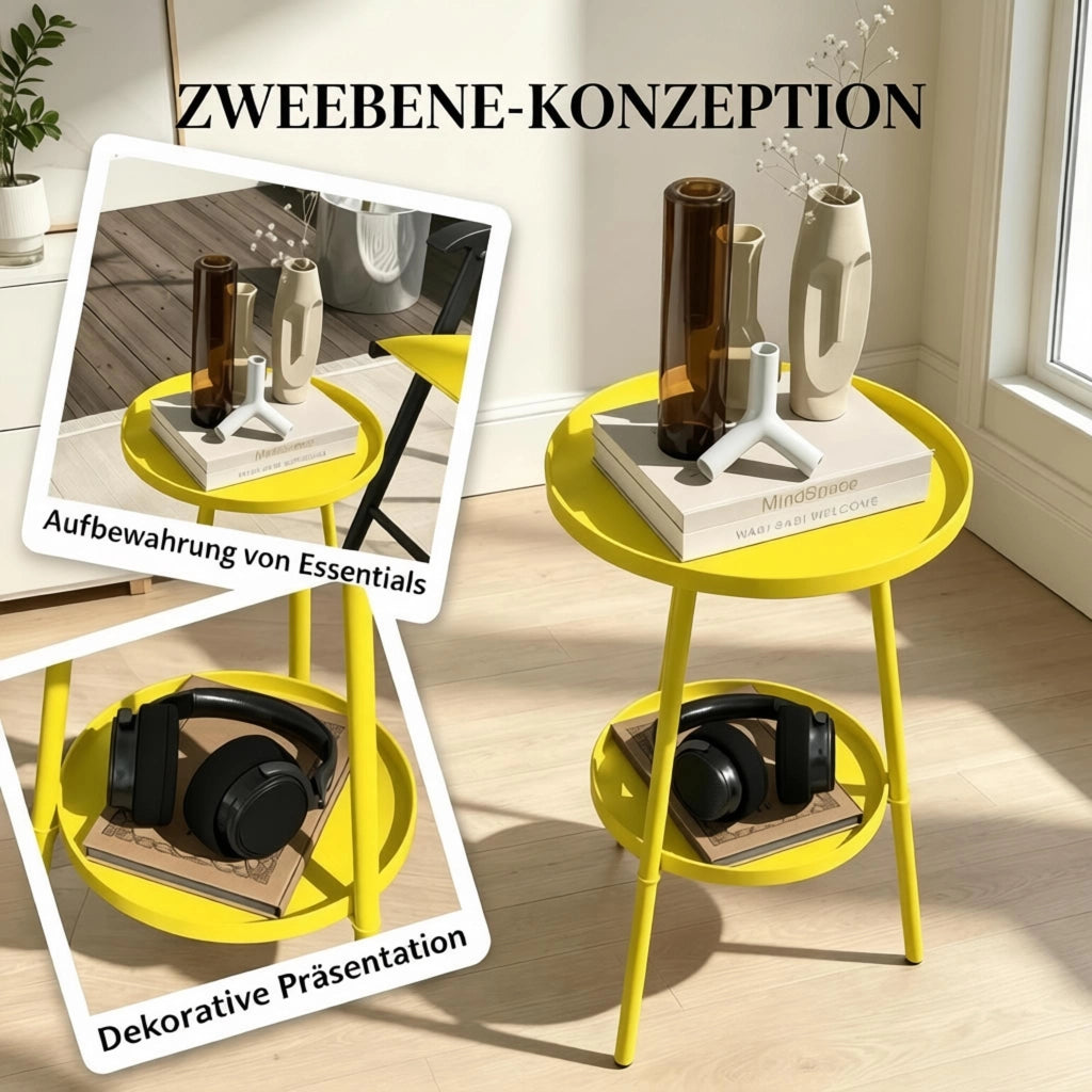 Tavolo da giardino bistrot in metallo a 2 ripiani con bordo curvo, per interno e esterno, giallo, Ø 32 × 51 cm
