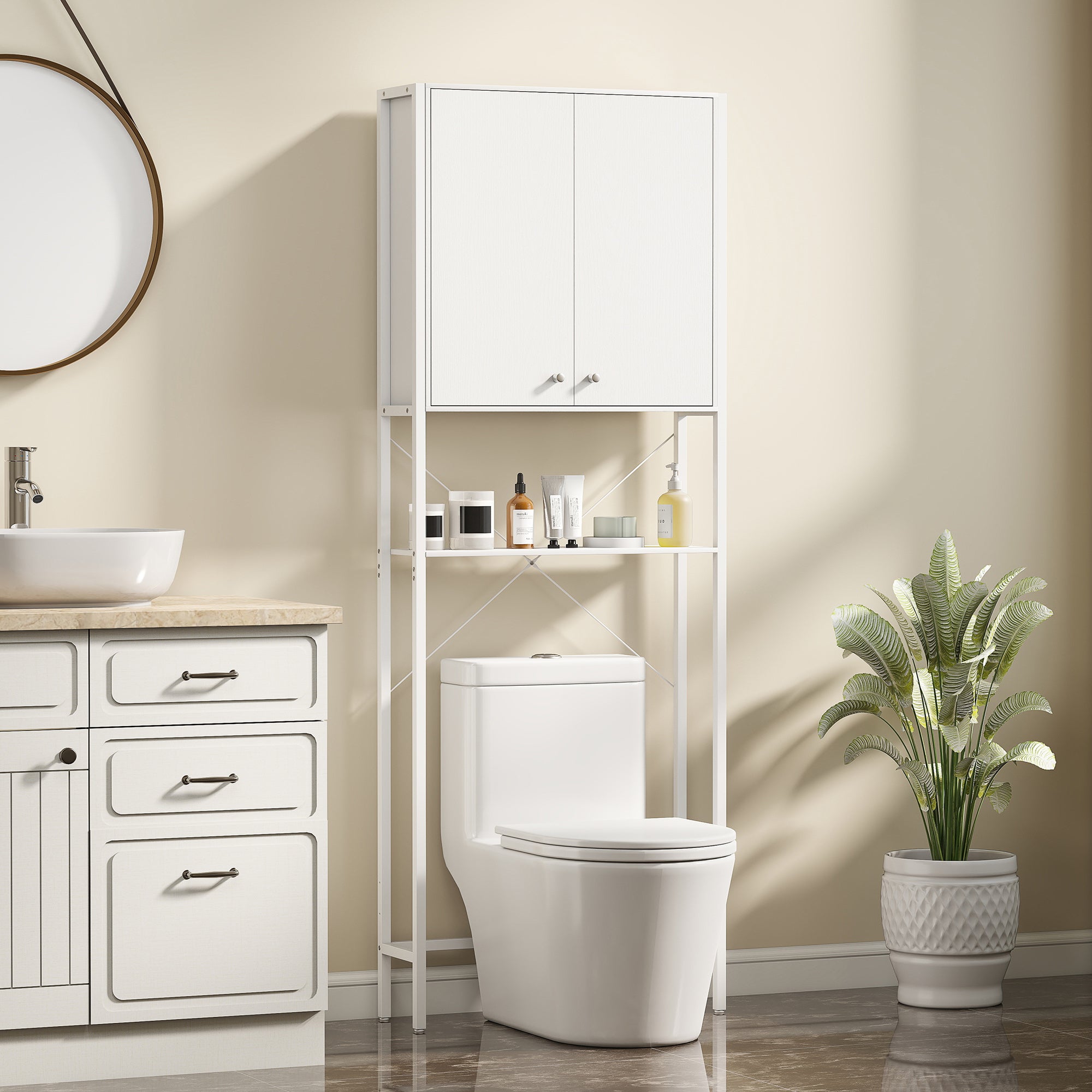 Mobile Bagno Sopra WC e Lavatrice 64x20x180 cm con Armadietto in MDF Bianco