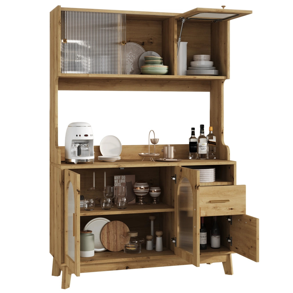 Credenza alta da cucina 120x40x178 cm in truciolare colore legno; con prese USB e frontale acrilico