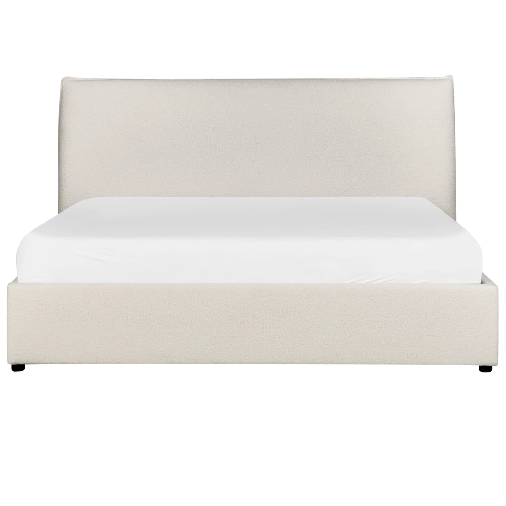Letto con rivestimento in bouclé bianco sporco UE King Size 160x200cm Grande testata classica contenitore Doghe in legno