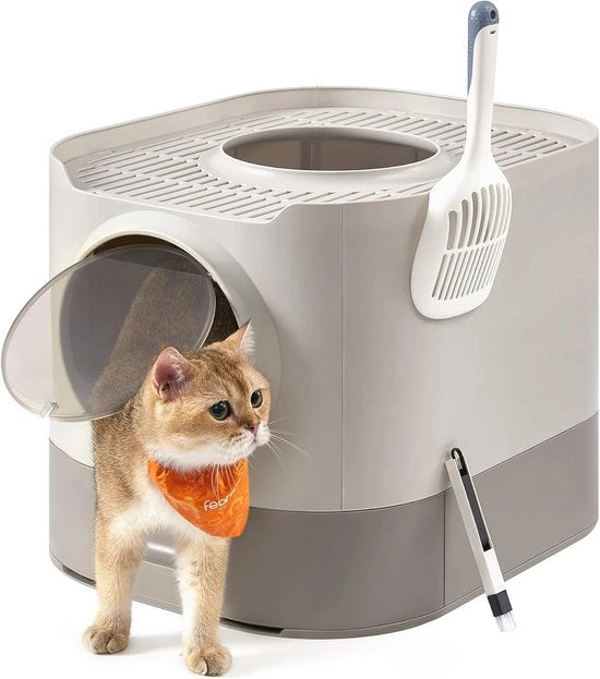 Cassetta per gatti XXL con coperchio, cassetta estensibile, cucchiaio e spazzola per gatti di diverse dimensioni - tracce ridotte - avena calda grigio chiaro PPT002G01
