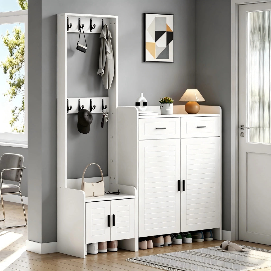 Mobile ingresso con 2 ante; 2 cassetti; 6 ripiani e 8 ganci - per ingresso - 125×36×165 cm - bianco