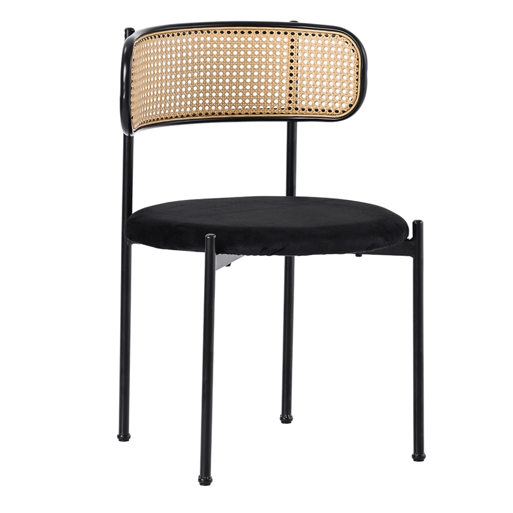 Set di 2 sedie da pranzo in velluto con schienale in rattan e gambe in metallo, colore nero