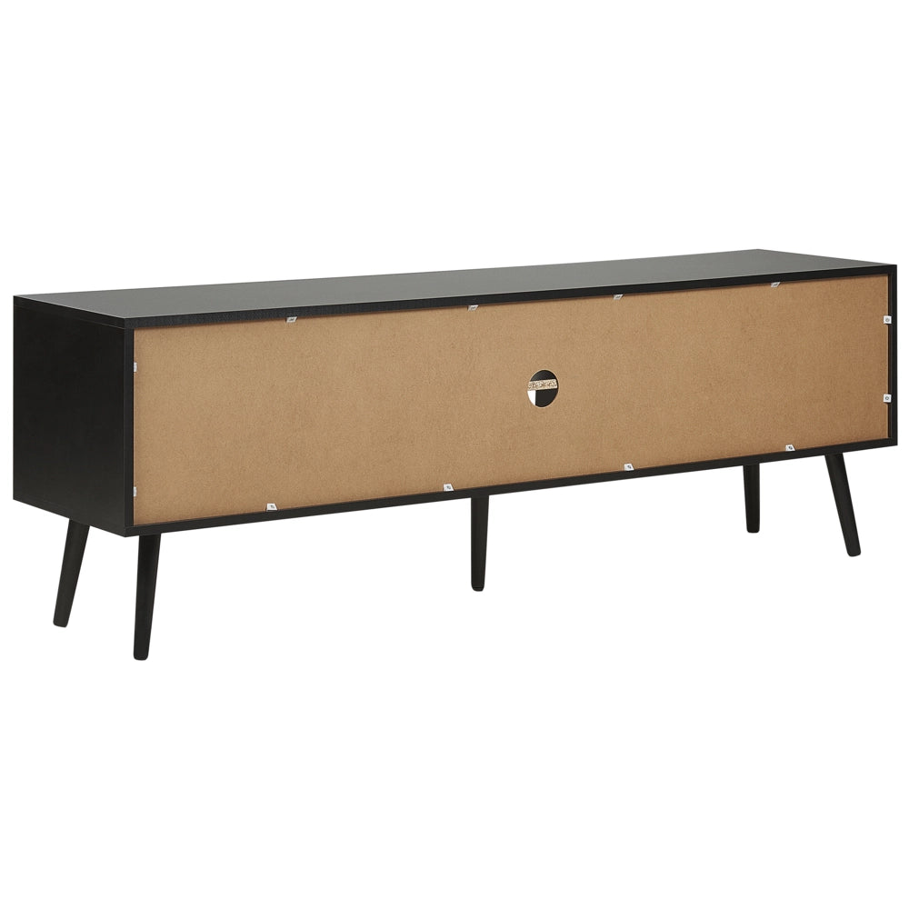 Porta TV in legno di manifattura nero con frontali in rattan e intreccio di vimini Gambe in legno di gomma nero 2 armadietti scaffali aperti Credenza in stile boho Soggiorno
