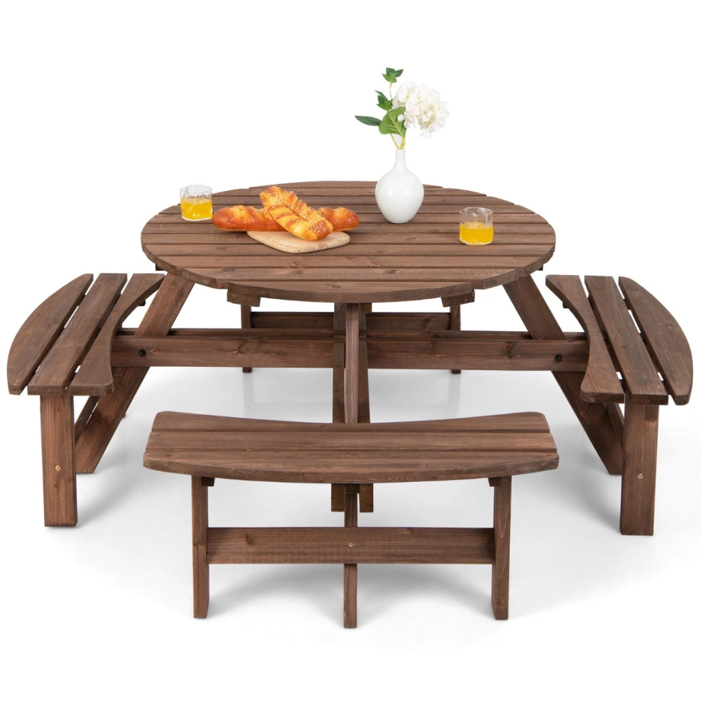 Set di tavolo panche da esterno in legno per 8 persone con foro ombrellone, Tavolo rotondo 4 sedie lunghe Marrone-Set mobili da esterno