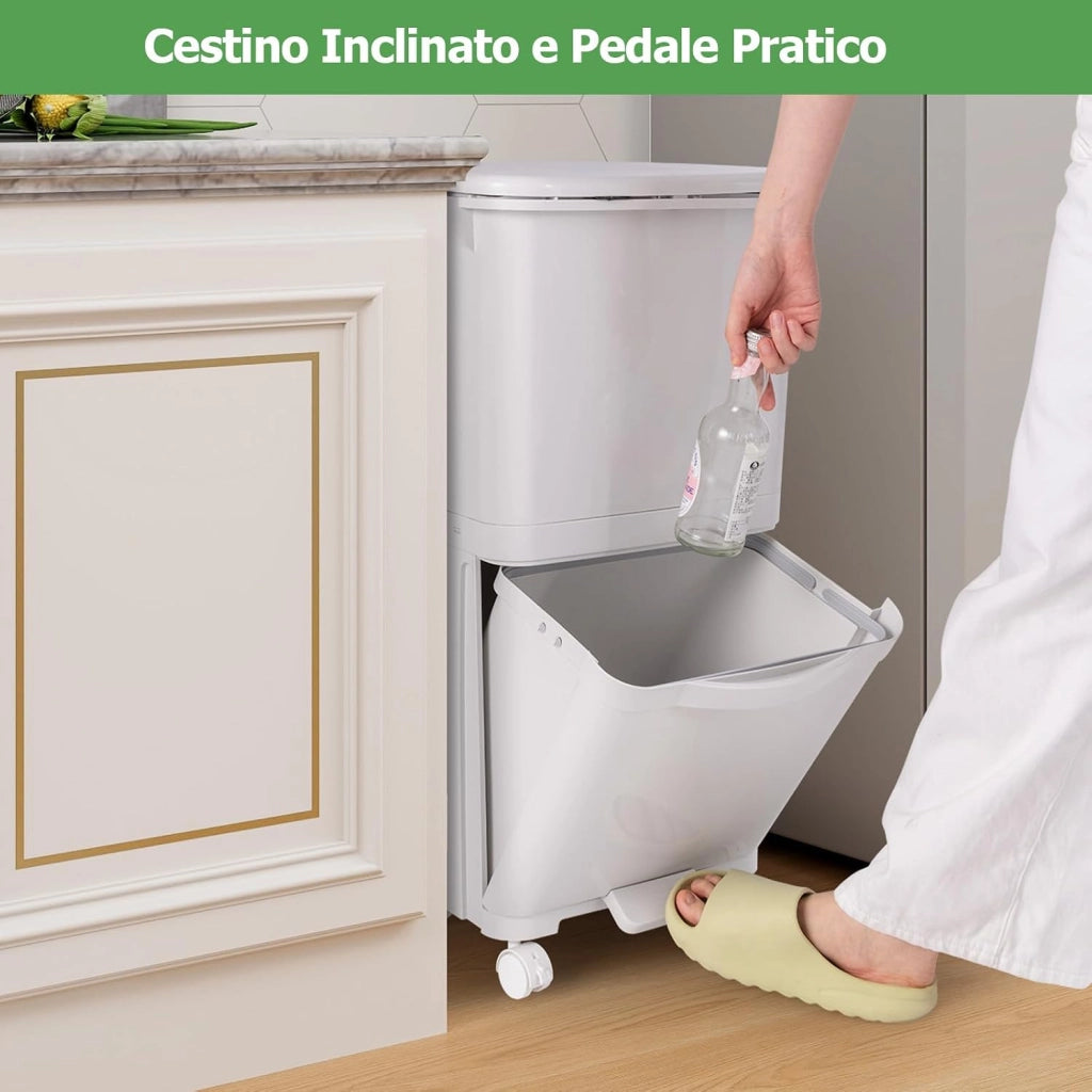 40L Pattumiera Differenziata a 3 Scomparti, Bidone per Spazzatura con Cestino Rimovibile, 4 Ruote, Secchio Rifiuti in Plastica a Pedale per Cucina Sala da Pranzo Soggiorno