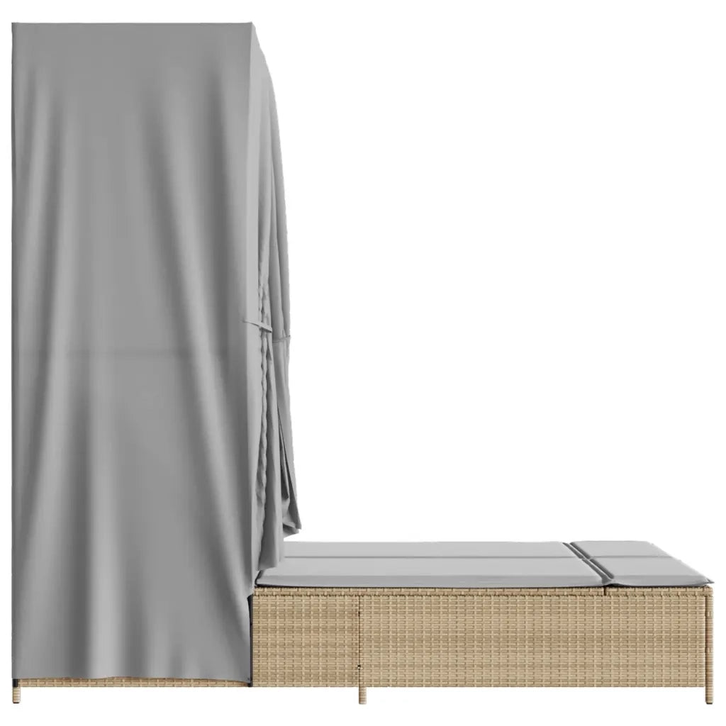 Lettino Prendisole | Sdraio da giardino | Lettino da sole con Tetto e Tende Beige in Polyrattan
