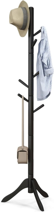 Appendiabiti da Terra con 8 Ganci In Legno di Gomma, Appendiabiti da Ingresso Stabile con Base a 3 Gambe, 177x49x49 cm per Corridoio, Camera da Letto, 3 Colori
