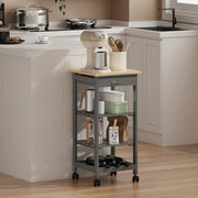 Carrello Portaoggetti Biel con Cassetto 3 Ripiani e Griglia Portabottiglie 76x37x37 cm - Grigio Scuro / Effetto Legno [en.casa]