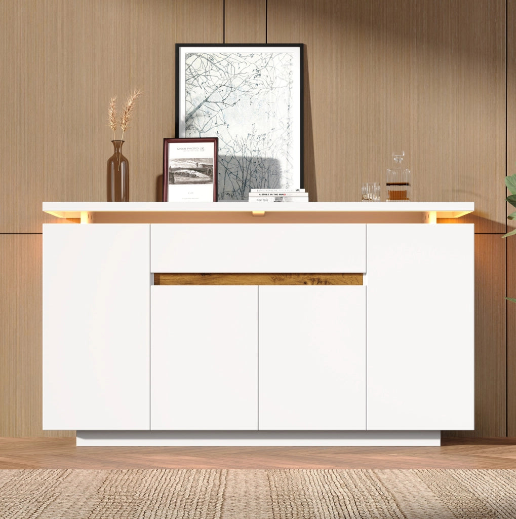 Credenza con illuminazione LED; 1 cassetto e 4 ante; 140x40x80 cm; bianca