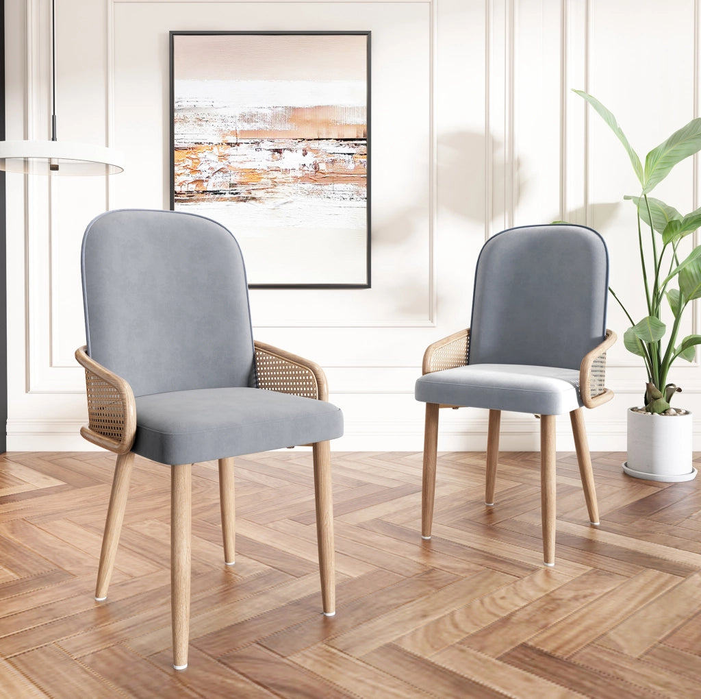 Set di 2 sedie da pranzo in velluto; rattan PE e metallo; grigie