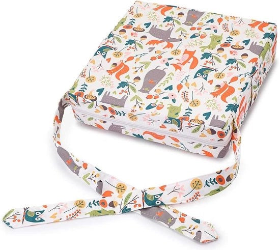 Sedile di Booster Demontabile e Riutilizzabile per Bambini con Cinture, Piatto per Mangiare, Altezza Regolabile e Poggiatesta, con Borsa di Stoccaggio per Viaggi e Disegno Bosco con Animali in Bianco e Verde