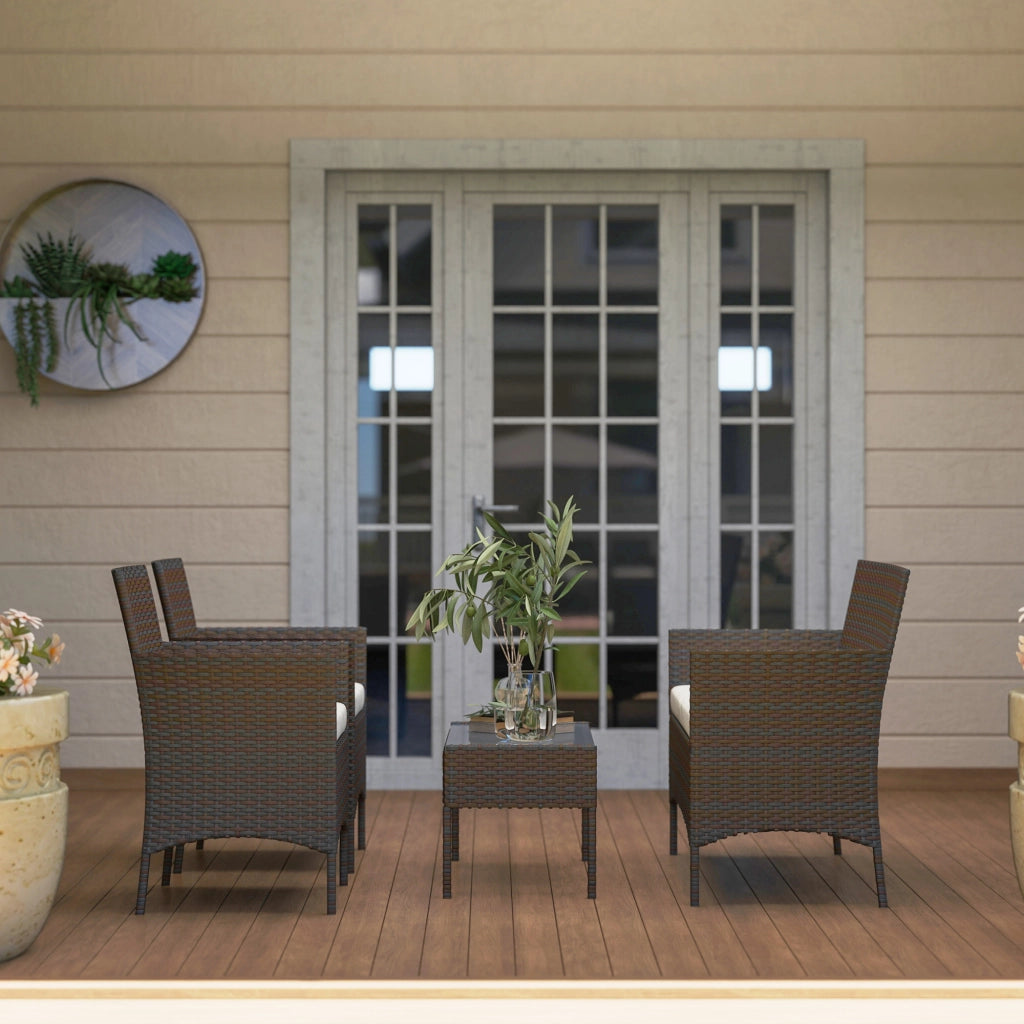 Set da Giardino 4 Pezzi con Divano 2 Sedie e Tavolino Basso con Piano in Vetro in Rattan Beige e Marrone
