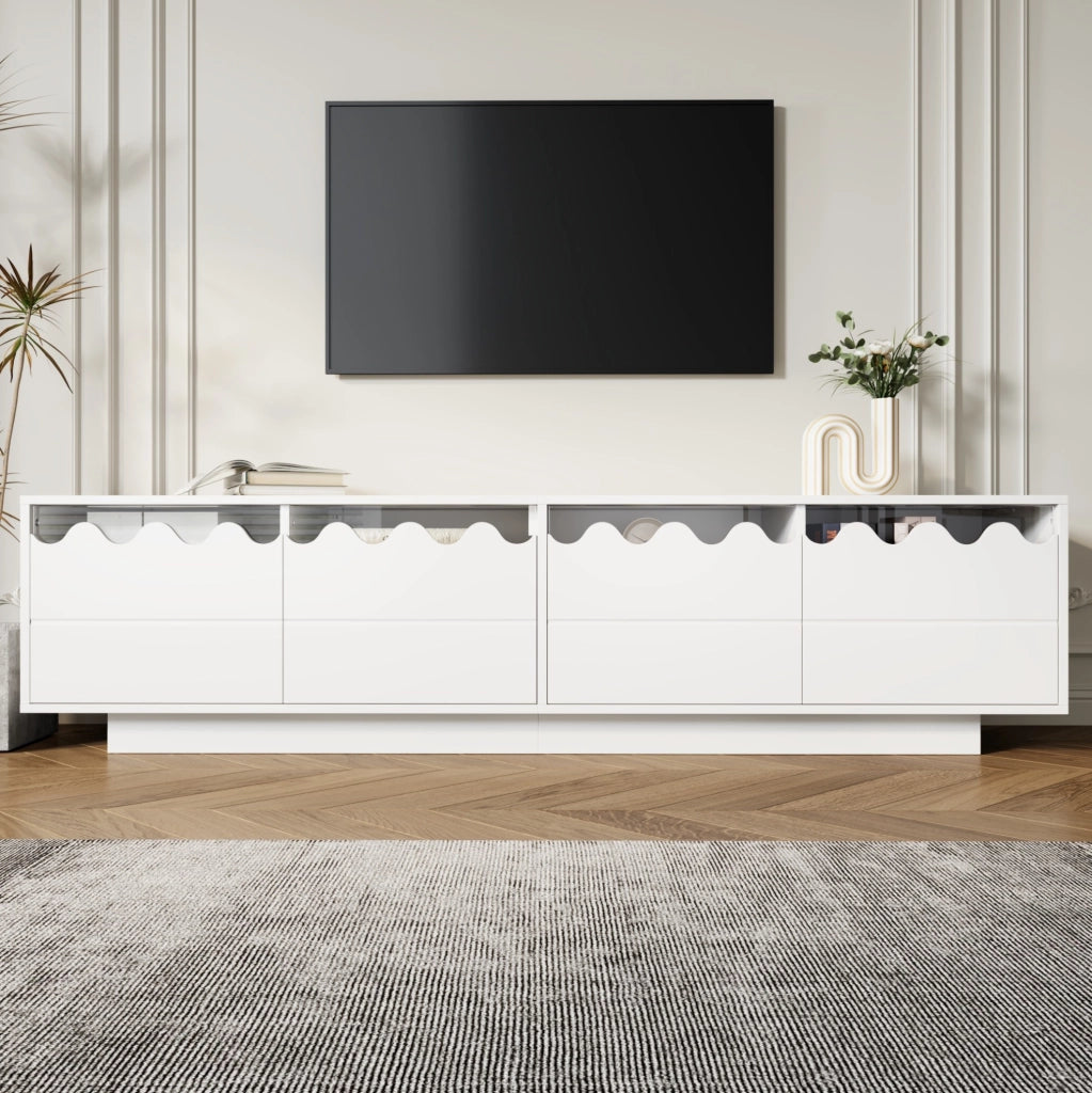 Mobile TV 170x40x45 cm con 4 ante e design ondulato in MDF e pannello truciolare bianco