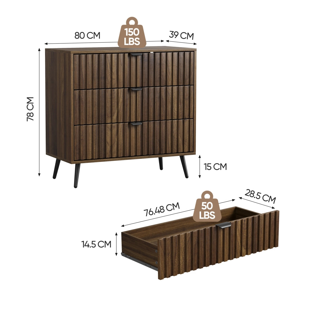 Cassettiera 80x39x78 cm con 3 cassetti in MDF noce
