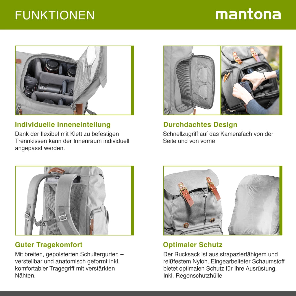 Mantona Luis Retro Zaino fotografico grigio, per fotocamera con copertura antipioggia, borsa fotografica con scomparto per laptop, DSLR, 3 obiettivi e accessori fotografici