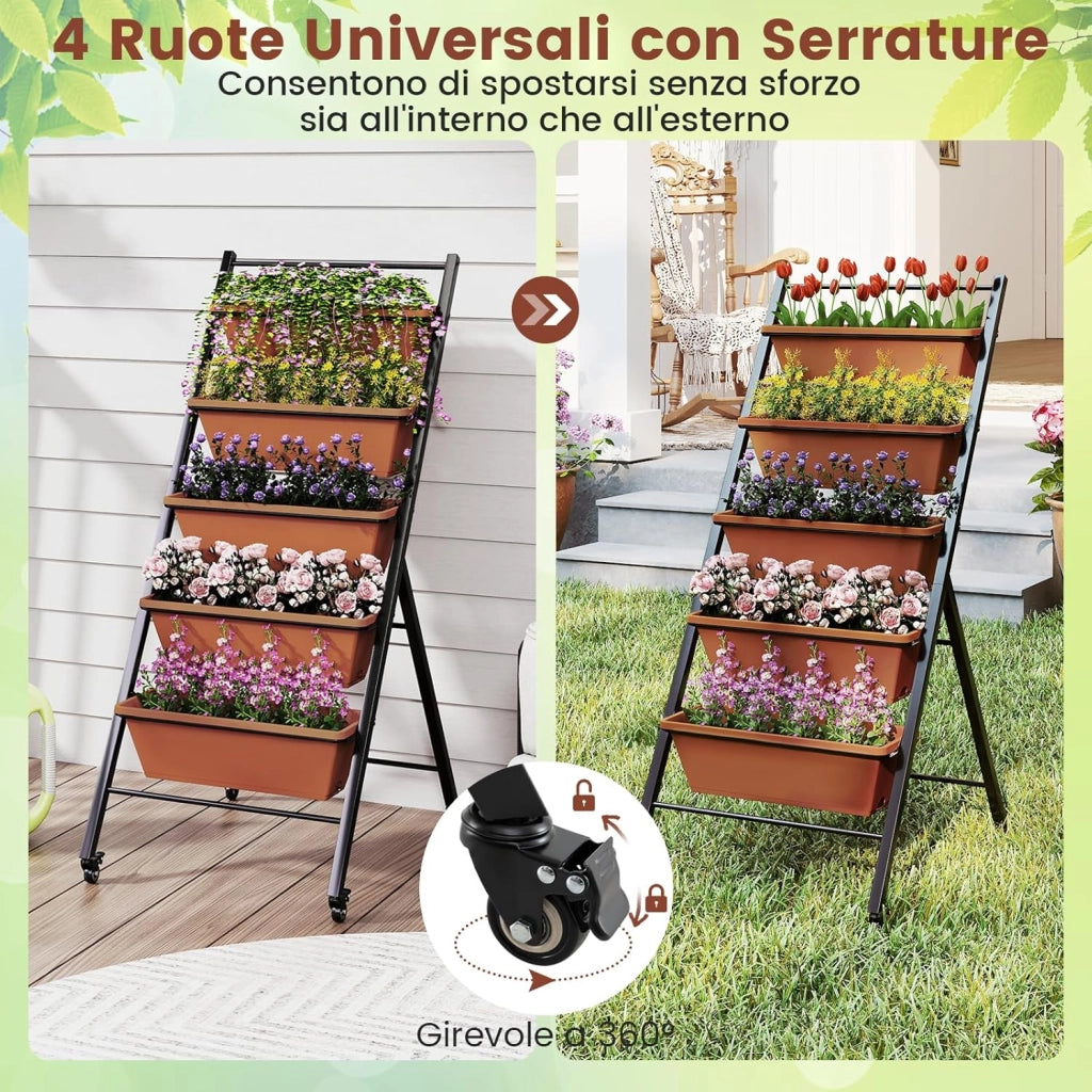 Letto da Giardino a 5 Livelli con 5 Contenitori per Piante, Drenaggio dell'Acqua e Ruote, Fioriere Rialzate in Metallo e PP per Verdure, Fiori ed Erbe, da Patio, Terrazzo e Balcone