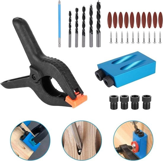 Kit di Fissaggio a Foro Pocket con Deuvelboor per Schrijnwerk, Kit per Angolo di Giunzione, Timmerwerk Locator con 10 Viti Autoalimentanti e 10 Plugs - Posizionatore di Foro Inclinato per DIY - Guida per il Lavoro del Legno.