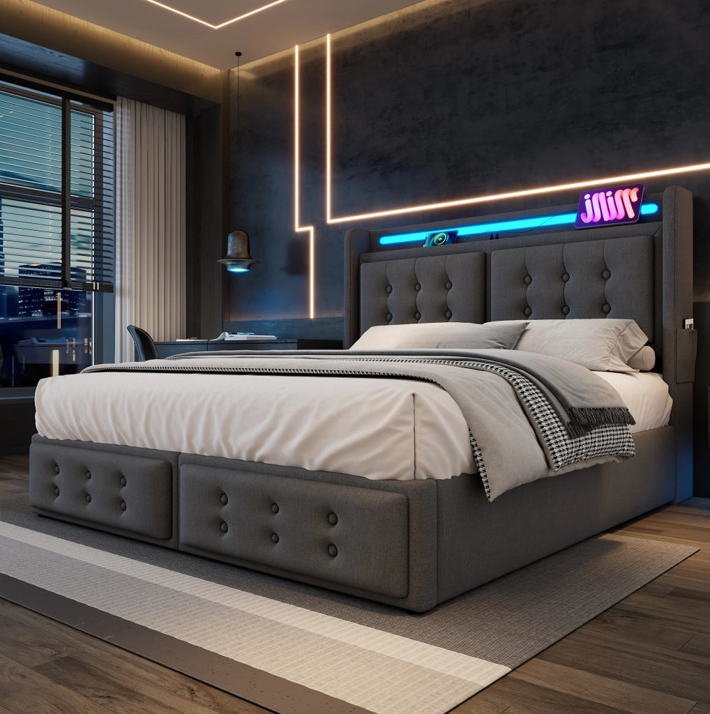 Letto matrimoniale 140x200 con LED; presa USB e Type-C; contenitore sollevabile; grigio