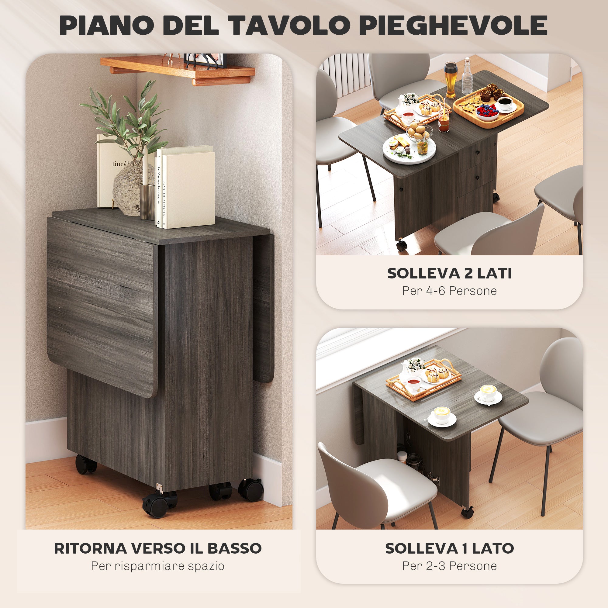 Tavolo Salvaspazio a Ribalta 120x60x76,5 cm con Armadietto e Cassetti Rivestimento in Melamina Grigio