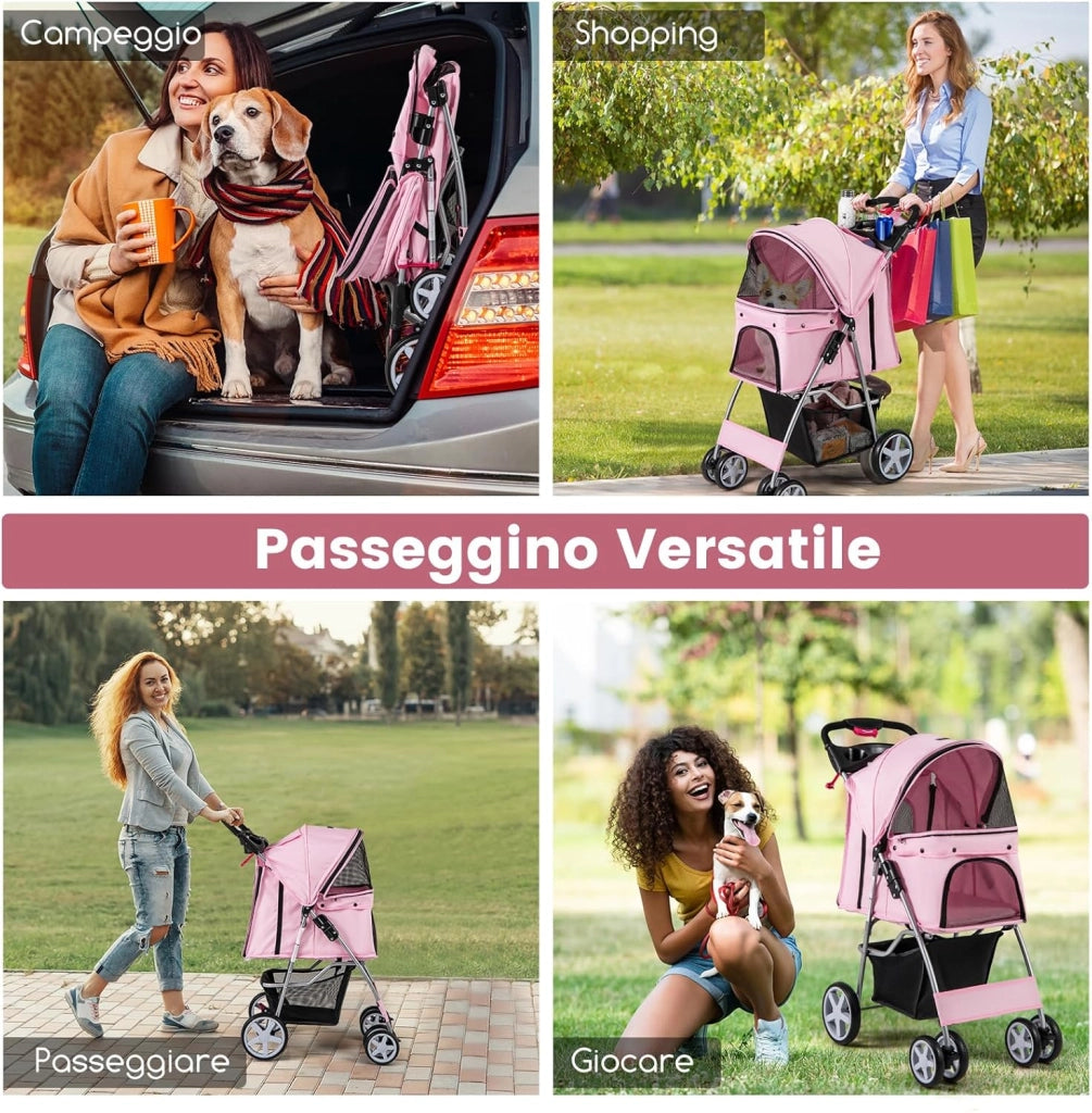 Passeggino per Cani, Carrozzina per Cani Pieghevole Fino a 15 kg, 4 Ruote con Finestra a Rete Porta Bicchiere e Cesto, Passeggino Portatile per Animali Piccola e Media (Rosa)