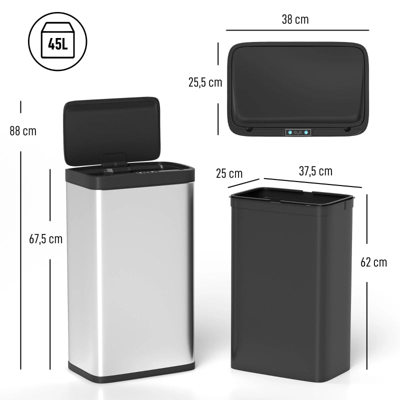 Pattumiera con sensore 45L, coperchio soft-close, movimento automatico, per cucina, camera, ufficio, argento