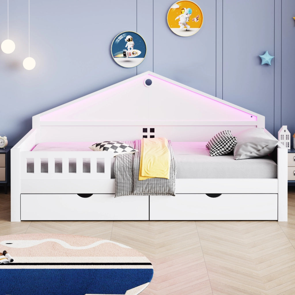 Letto singolo 90x200 cm in legno con LED e cassetti, base con rete a doghe, bianco