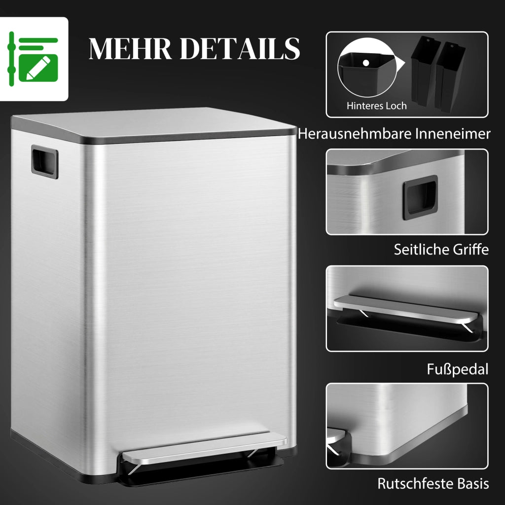 Bidone 2x30L ¨C zephmum ¨C Soft-Close, Acciaio Inox, Argento