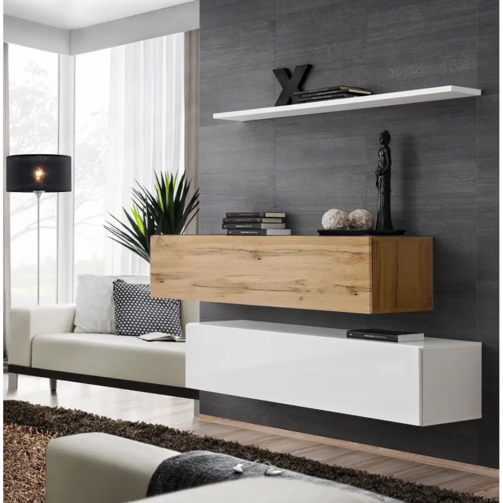 Set di mobili da soggiorno SWITCH SBII design, colore bianco lucido e rovere Wotan.