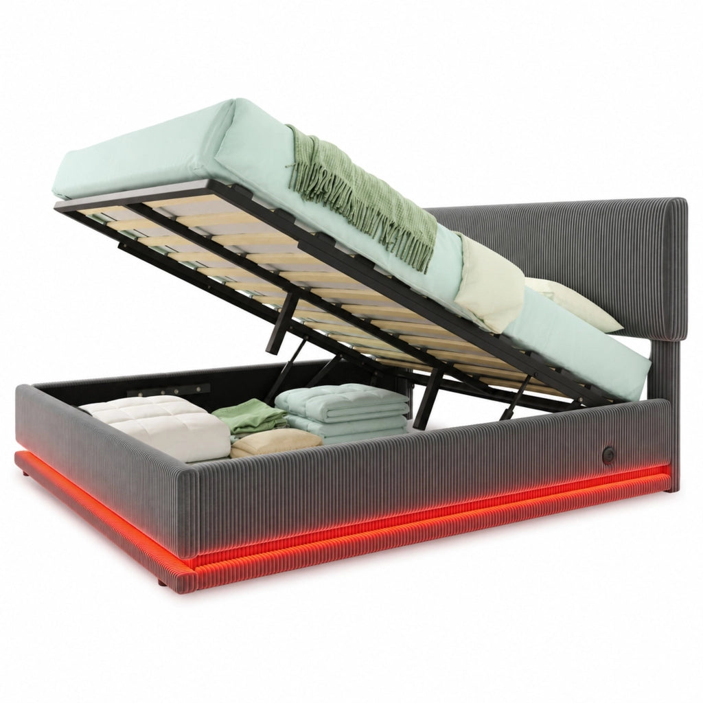 Letto imbottito 140x200 cm con LED; USB-C e testiera regolabile in corduroy grigio scuro